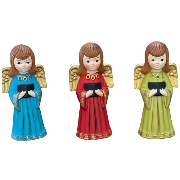 Vintage MCM Christmas Ardco Japan 10" Chalkware Choir Angels Set Of 3 Figurines - Picture 1 of 12
